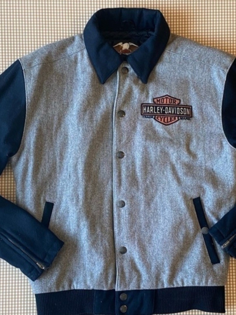 Harley-Davidson Gray and Navy Wool-Blend Bomber Jacket